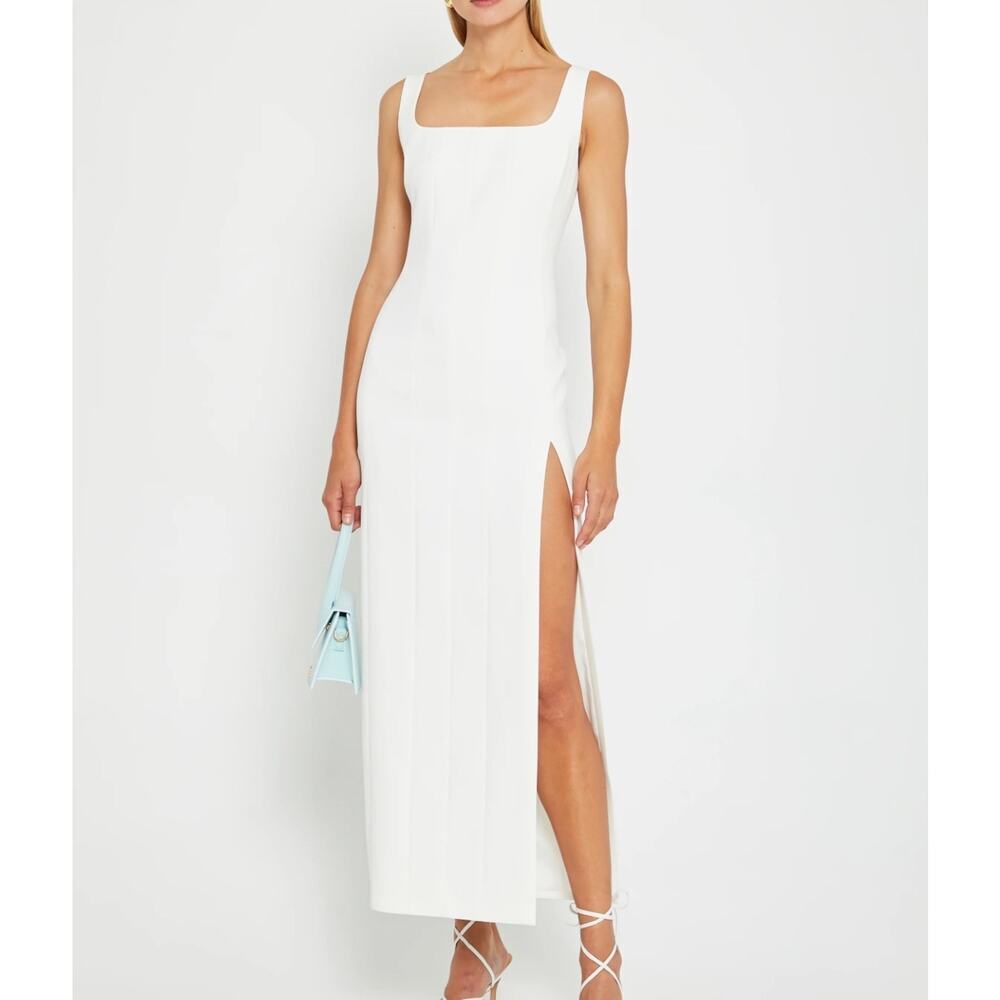 o.p.t Melania White Side Slit Maxi Dress – Square Neck Formal Evening Gown Sz 2